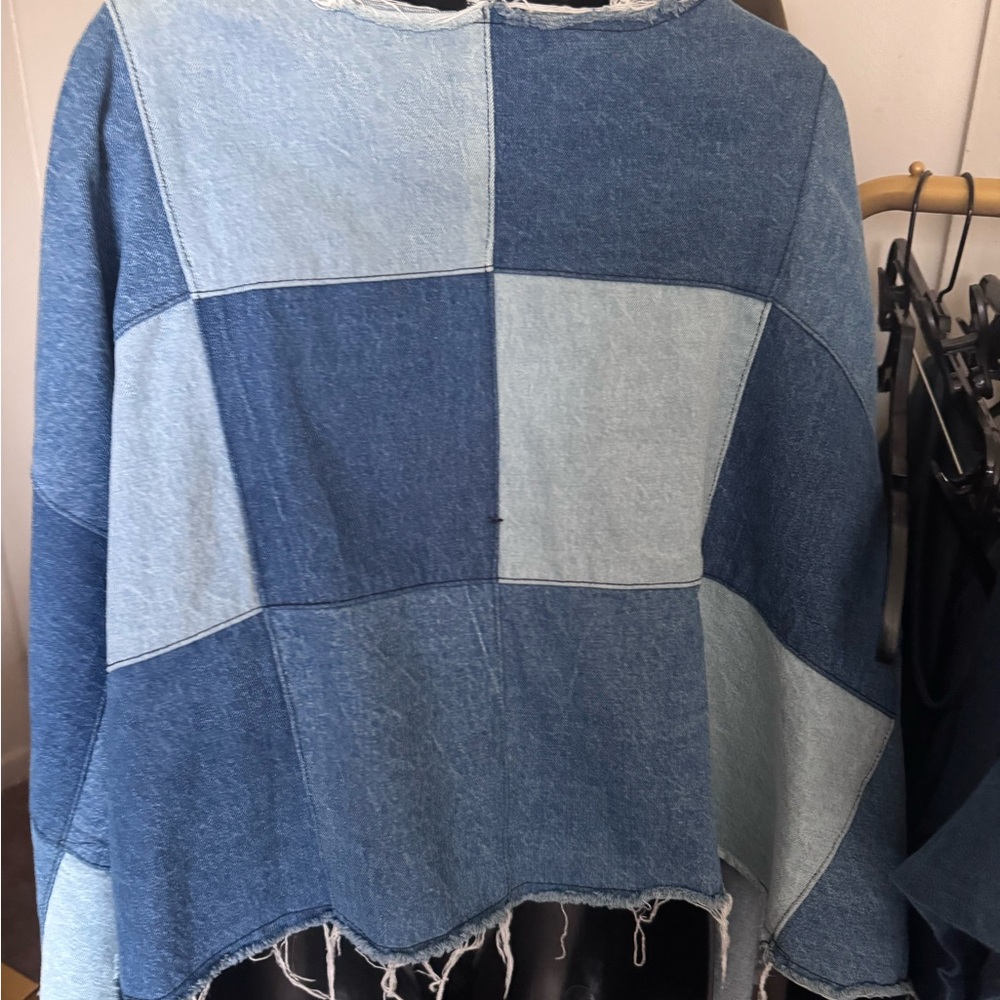 AKIRA Blue Patchwork Denim Poncho Top - Picture 2 of 4